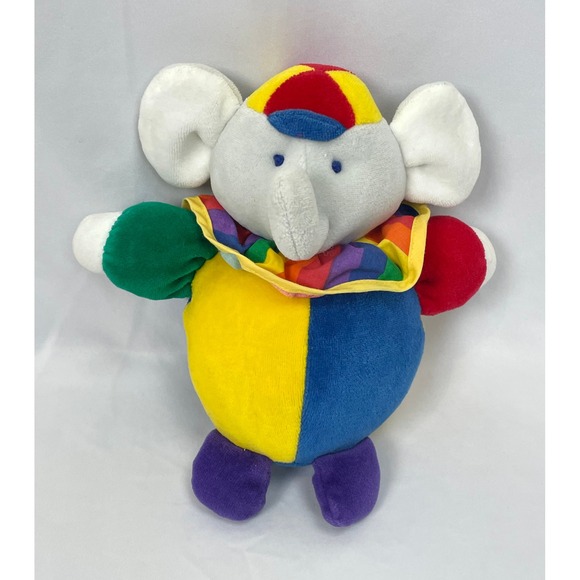 Eden Other - Eden Gray Elephant Clown Plush Rattle Blue Yellow Hat Patchwork Primary Colors